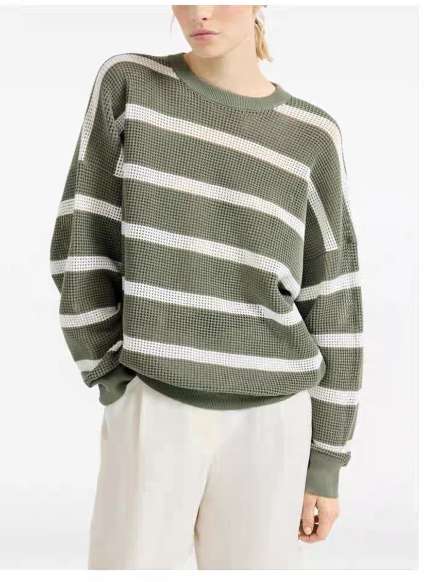 

Women'S Spring/Summer New Arrival: High-Quality Fashionable Casual Striped Mesh Long-Sleeve Knitwear