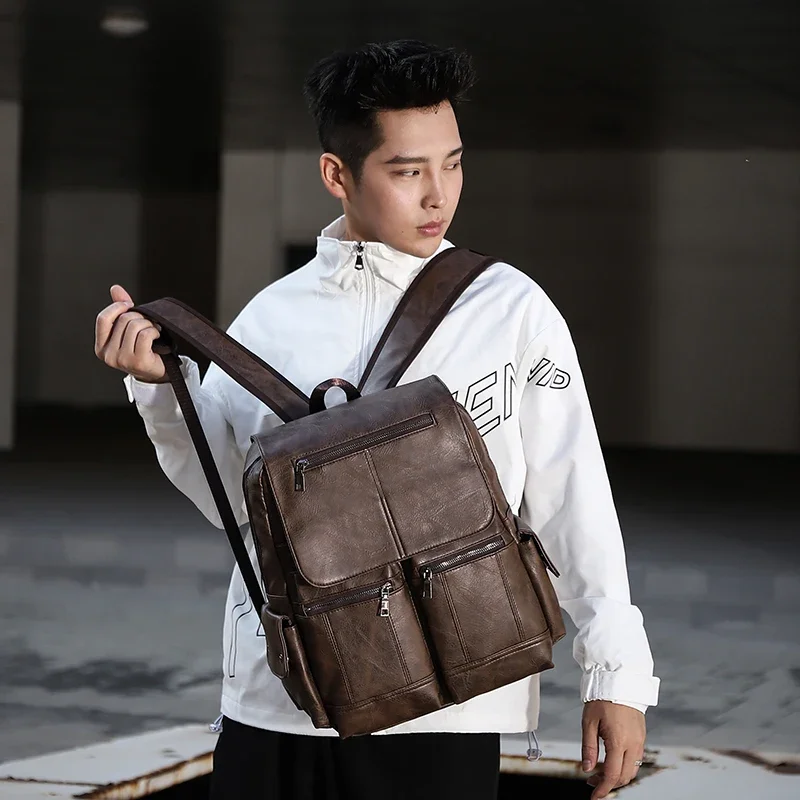 Men Business Casual Backpacks For School Travel Bag Black Pu Leather Men's Fashion Shoulder Bags Vintage Boys Men Backpack #3