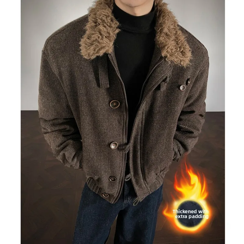 

Warm Cotton Jaet Men's Thiened Woolen Coat Youth Faion Stand Fit Long Sve Button Closure Pure Color Winter Outerwear