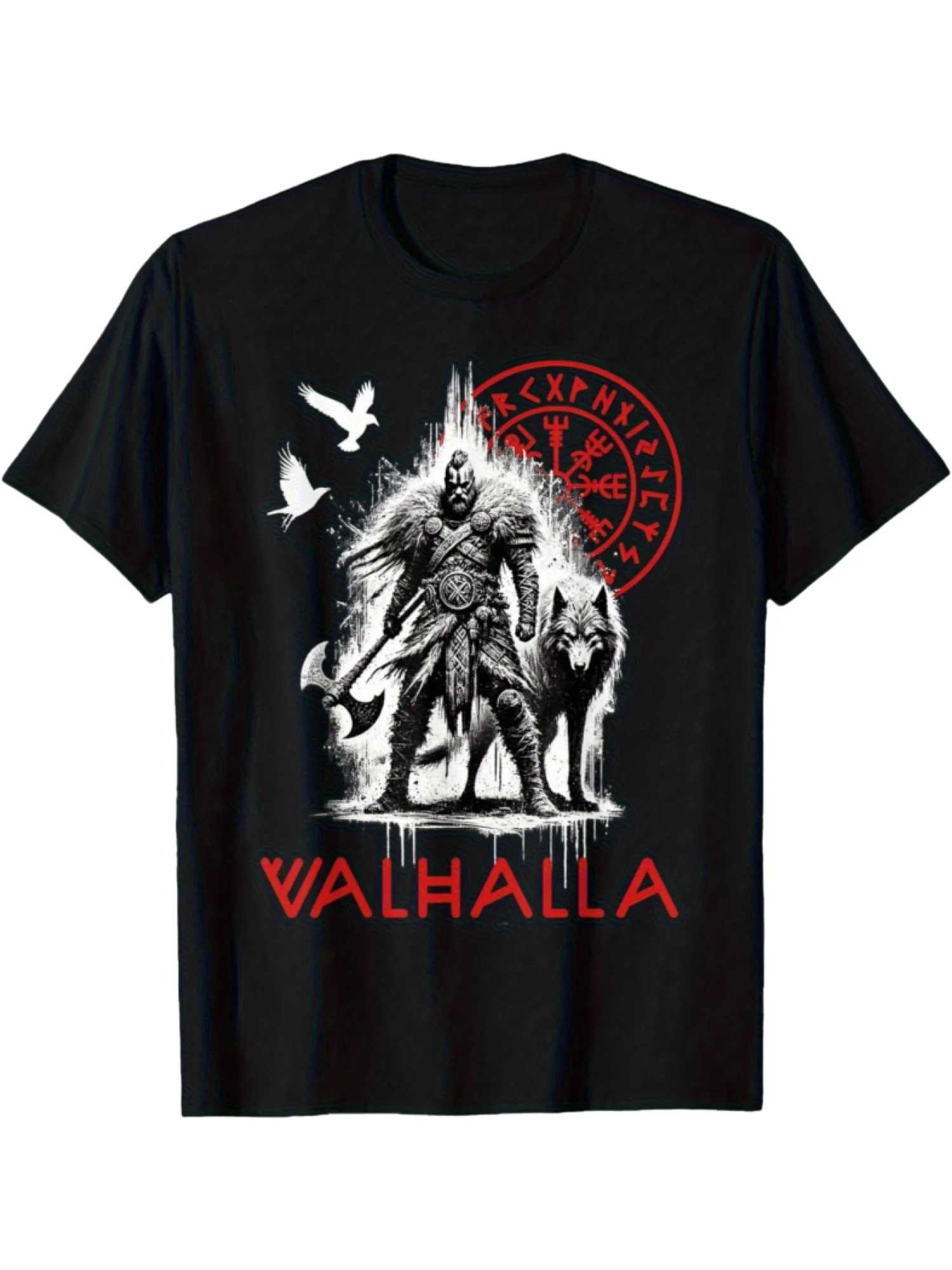 Men's Viking Norse Valhalla Wolf Raven T-Shirt Norse Mythology Viking Warrior with Valknut Rune Rune Lettering