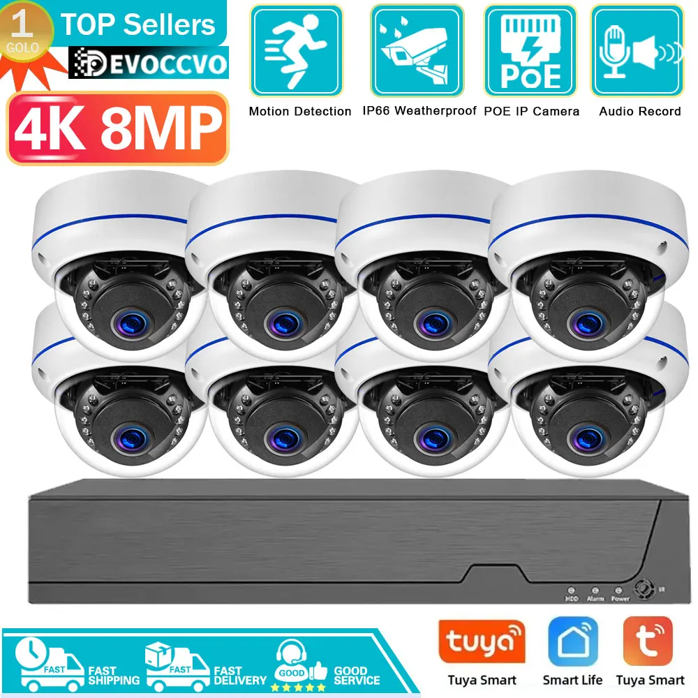 

TUYA 4K Ultra HD POE Video Surveillance System 8CH NVR Recorder With 8MP Security Camera CCTV Kit Audio Recording Dome Ip camera