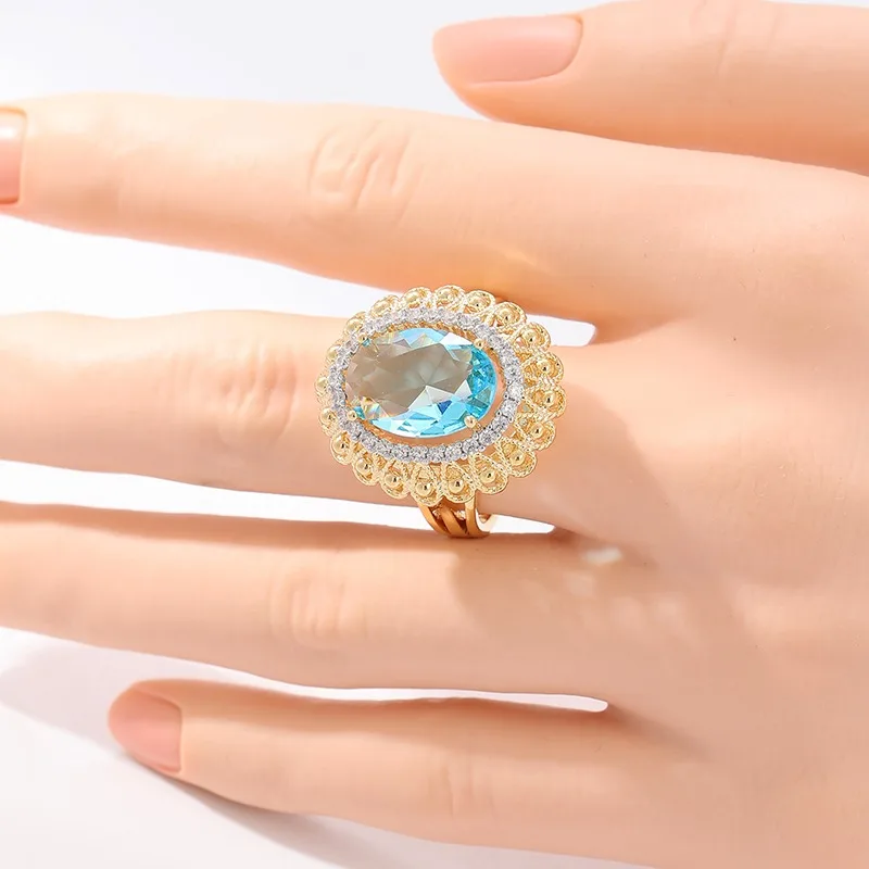 Exquisiter, eingelegter, weiß-seeblauer CZ-Damenring in Silberfarbe, handgeschnitzt, hohl, für den täglichen Gebrauch, Partyschmuck, Jubiläumsgeschenk – Detail 1