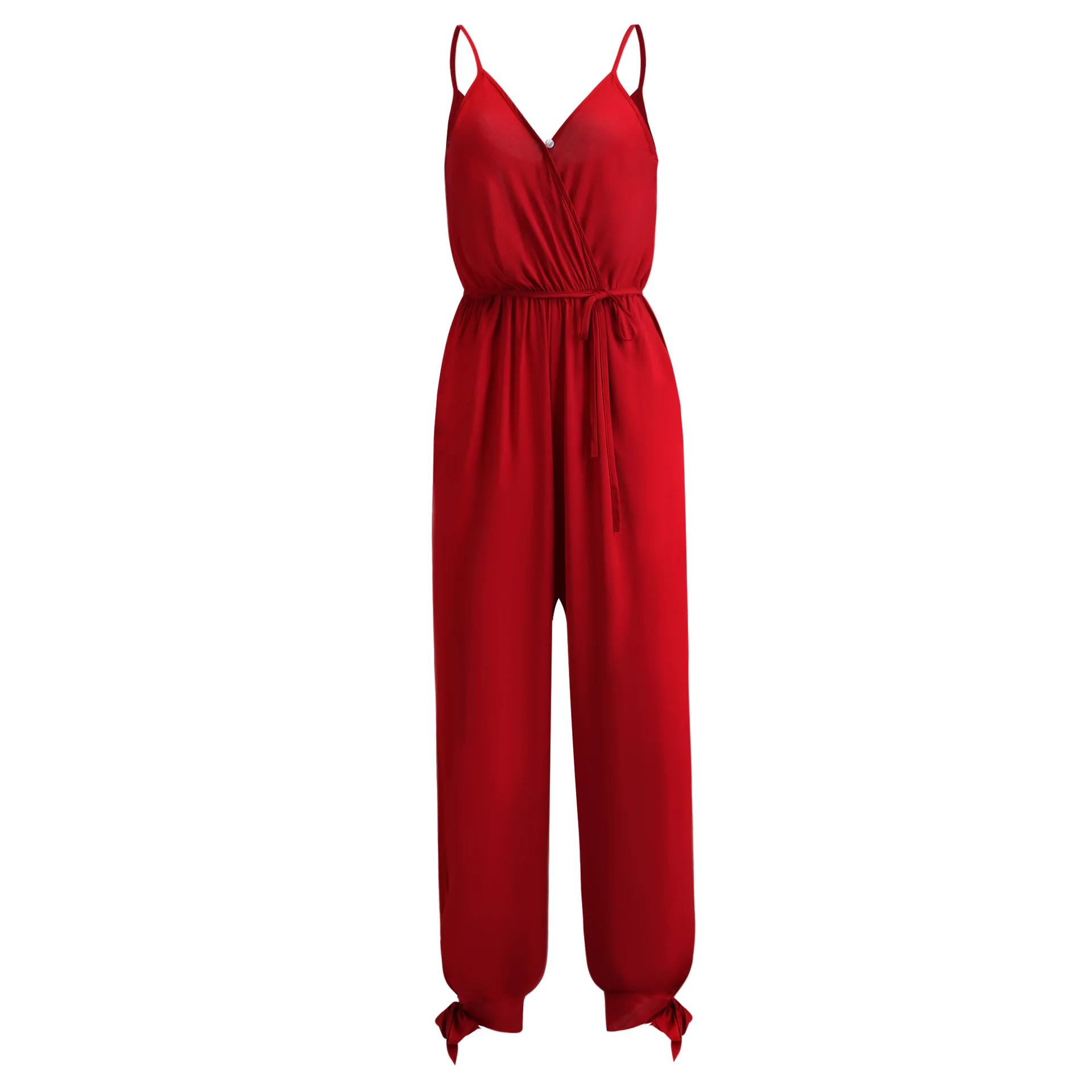 2024 New Arrival Europe and The United States Spring and Summer Models Sexy Backless Tie Rope Deep V-neck Halter Long Jumpsuit