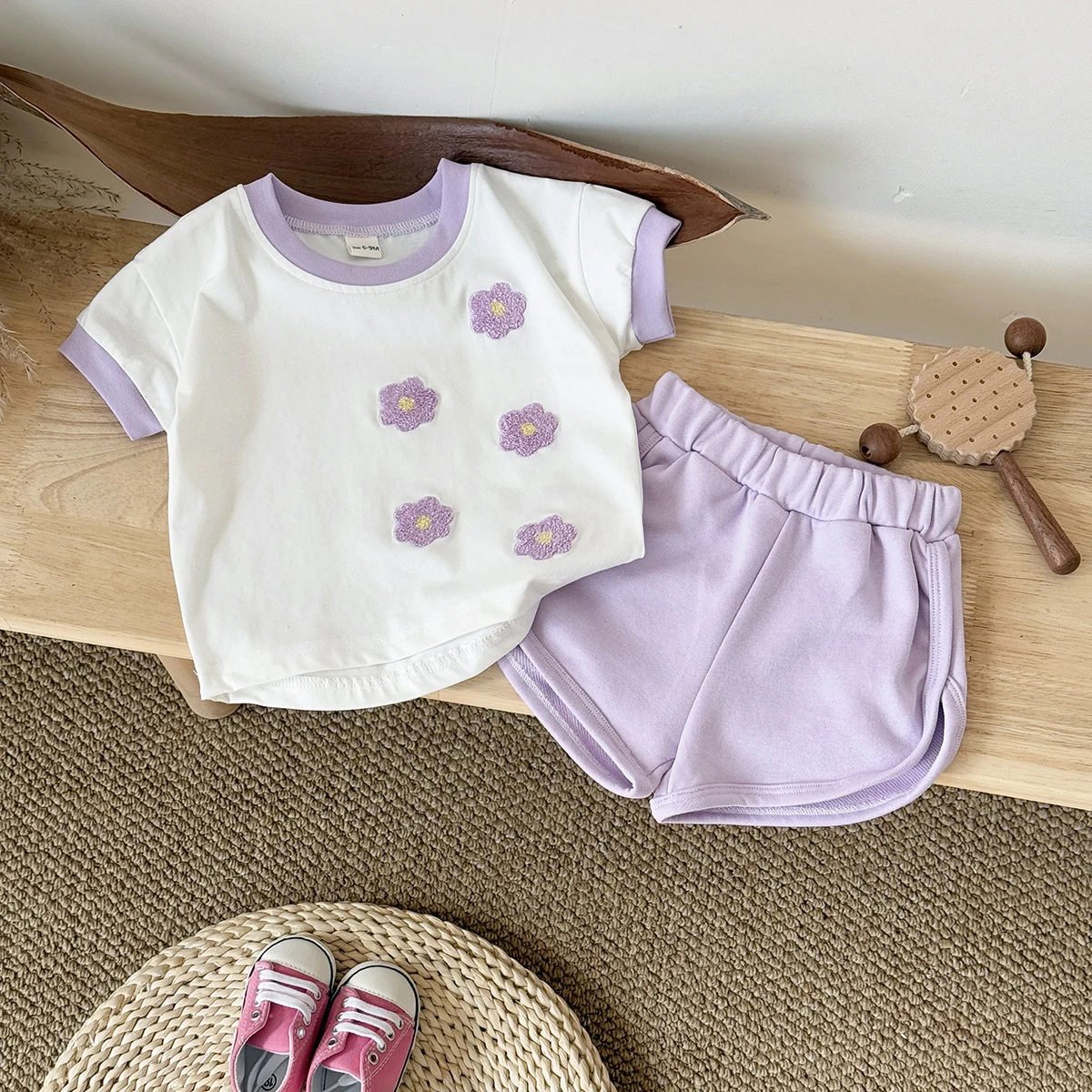 2Pcs/Set Summer New Baby Girl Clothing Set Casual Newborn Purple Small Flower Towel Embroidery T-shirt+Triangle Short Hot Sale