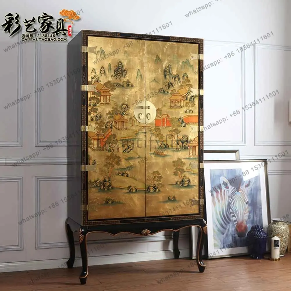 LD new Chinese classical solid wood antique gold foil hand-painted wardrobe painted furniture bedroom storage cabinet