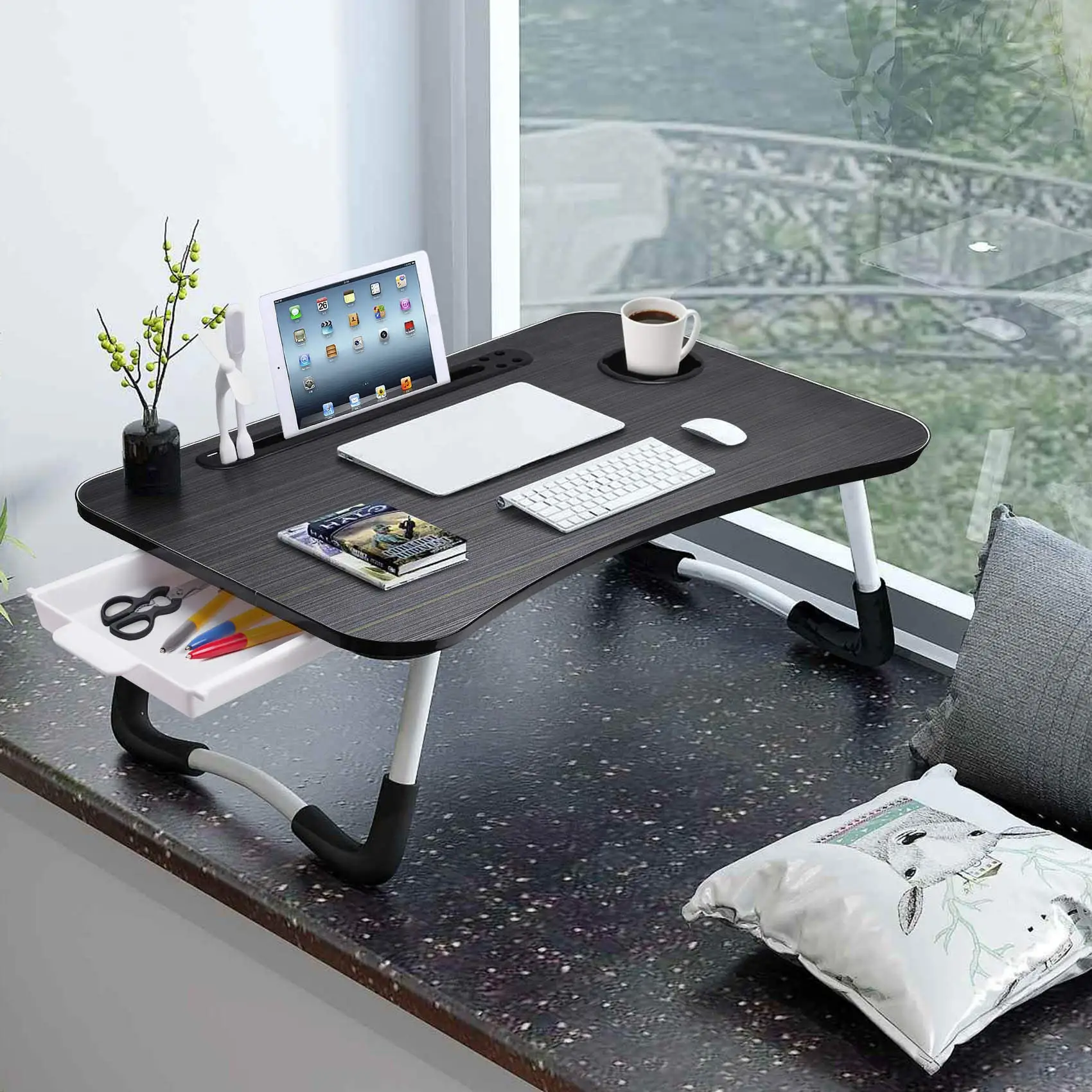 Portable Laptop Desk with USB Light, Small Fan, Cup Holder, Tablet Slot, and Lifting Handle - Foldable Laptop Table for Working