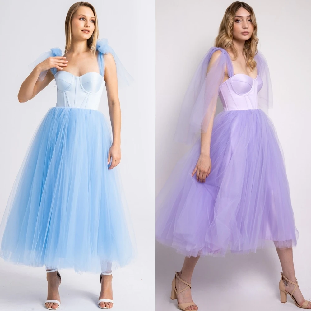 

CustomizedTulle Pleat Evening A-line Off-the-shoulder Bespoke Occasion Gown Midi Dresses