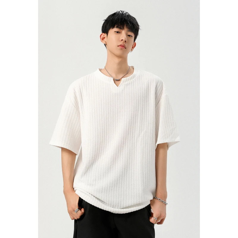 Men's Basic Short Sleeve T-Shirt Vertical Textured Fabric Notch V Neck Soft Knit Daily Wear Top Unisex Clothing