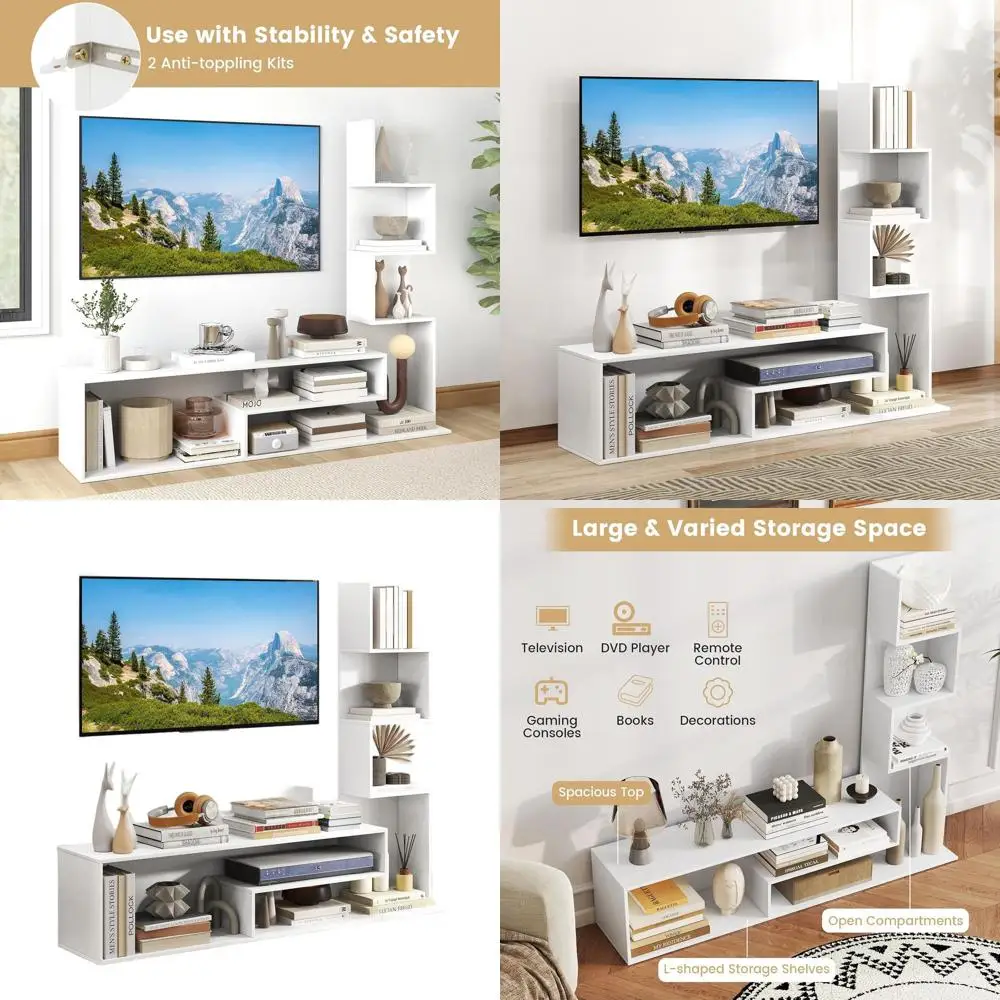 

Modern White L-Shaped TV Stand with 3-Tier Bookshelf, Storage for 50 TVs, Living/Bedroom Entertainment Center