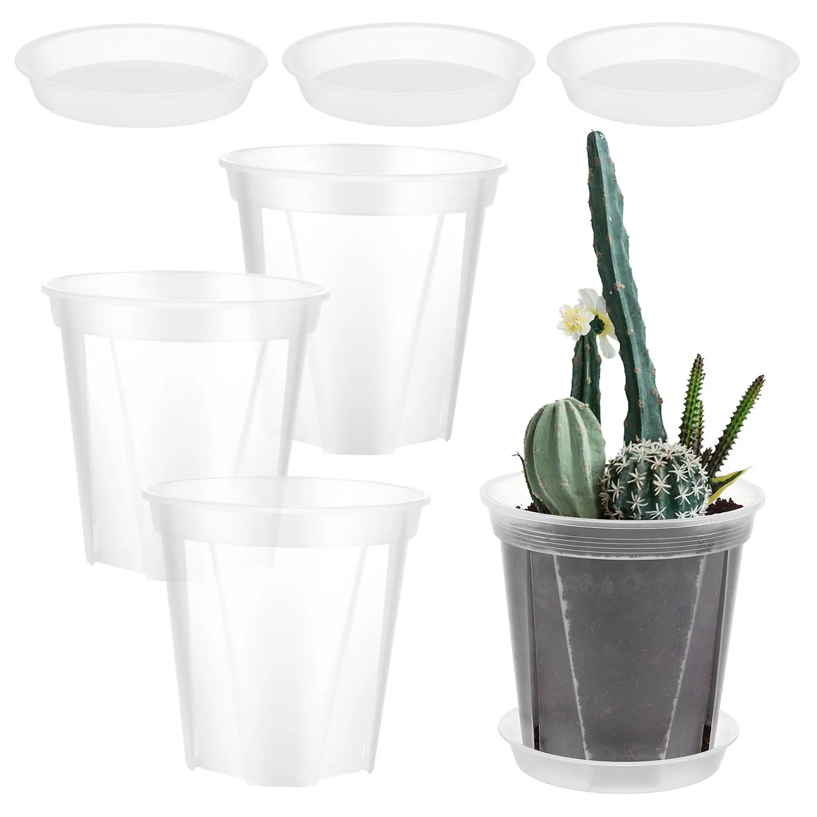 4Pcs Transparent Plastic Plant Pots with Drainage Tray Breathable Garden Pots for Indoor Plants Orchid Succulent Growing Root