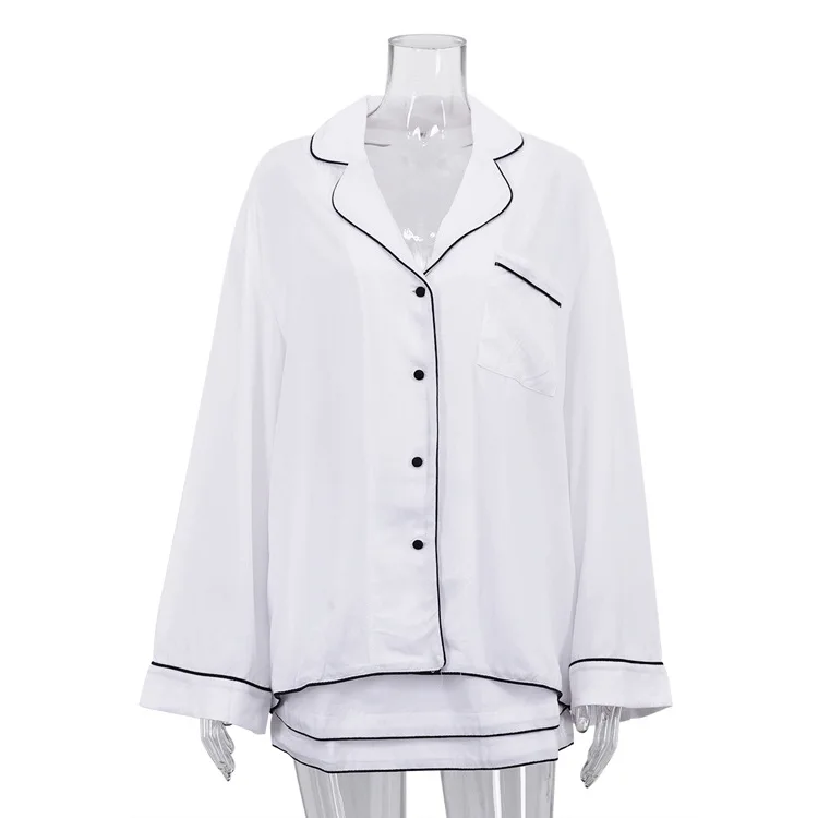 Fashion White Loose 2 Piece Sets Woman Outfit Elegant Long Sleeve Pockets Button Shirts + Patchwork Drawstring Shorts Set