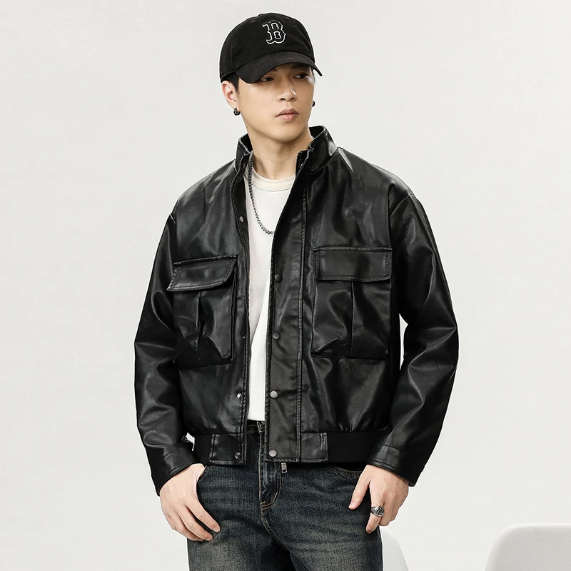 

High Quality Men Black Waterproof Leather Coat Loose Stand-up Collar Bomber Big Pocket Windbreaker Jackets