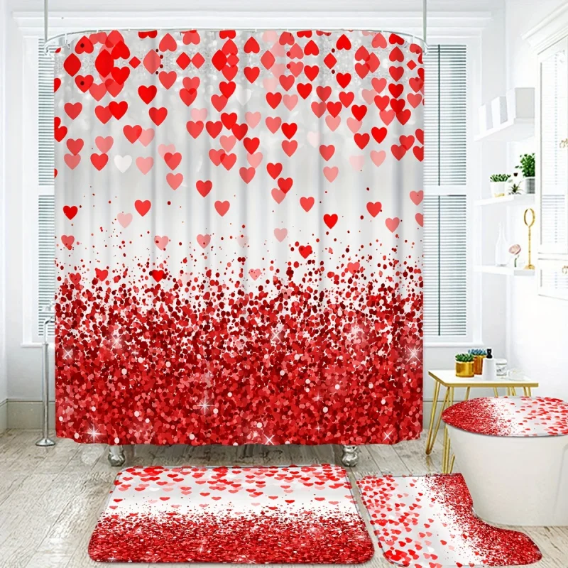 4pcs Red Heart Set, Waterproof Curtain With 12 Hooks, Non-Slip Bathroom Back, U-Shape Mat, Toilet Lid Cover Pad,