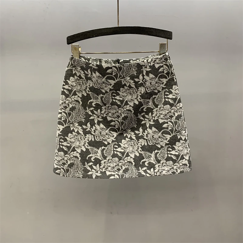 

Жаккардовая серая повседневная юбка средней длины в стиле ретро для женщин, лето 202, новая короткая юбка трапециевидной формы с высокой талией и запахом бедер