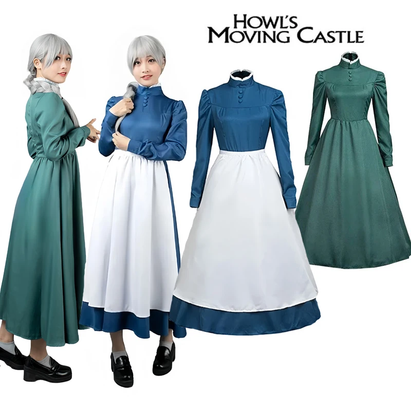 

Anime Howl's Moving Castle Cosplay Costume Women Sophie Dresses Hatter Costume Long Dress Apron Women Halloween Costume