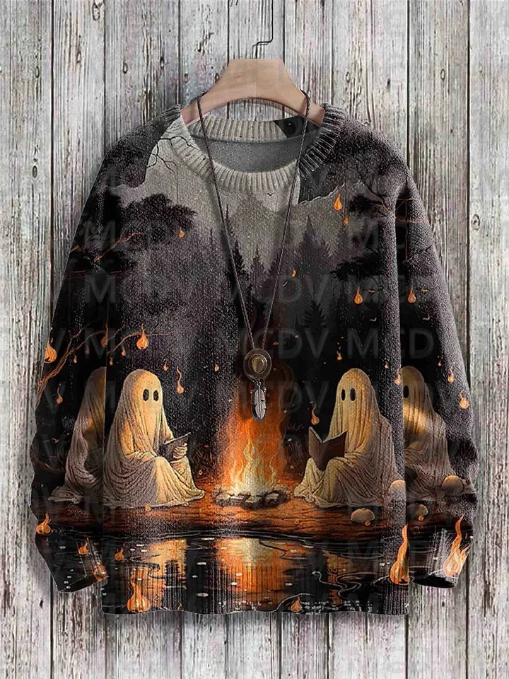 Halloween Ghost Vintage Art Vibe Print Sweater Men\'s For Women\'s Pullover