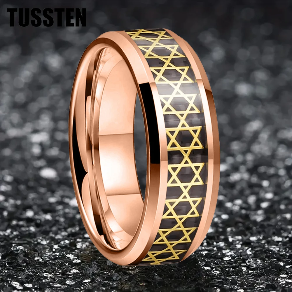 Dropshipping TUSSTEN 8mm Men\'s Ring Inlaid Golden Hexagram Star Men\'s Tungsten Ring Comfortable Fit