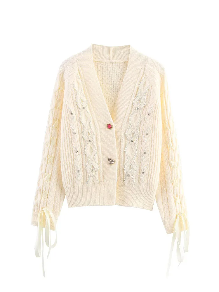 

HH Women 2025 Autumn Fashion Versatile V-neck Rope-Beaded Knitted Cardigan Female Simple Long-Sleeved Commuting Sweater Coat