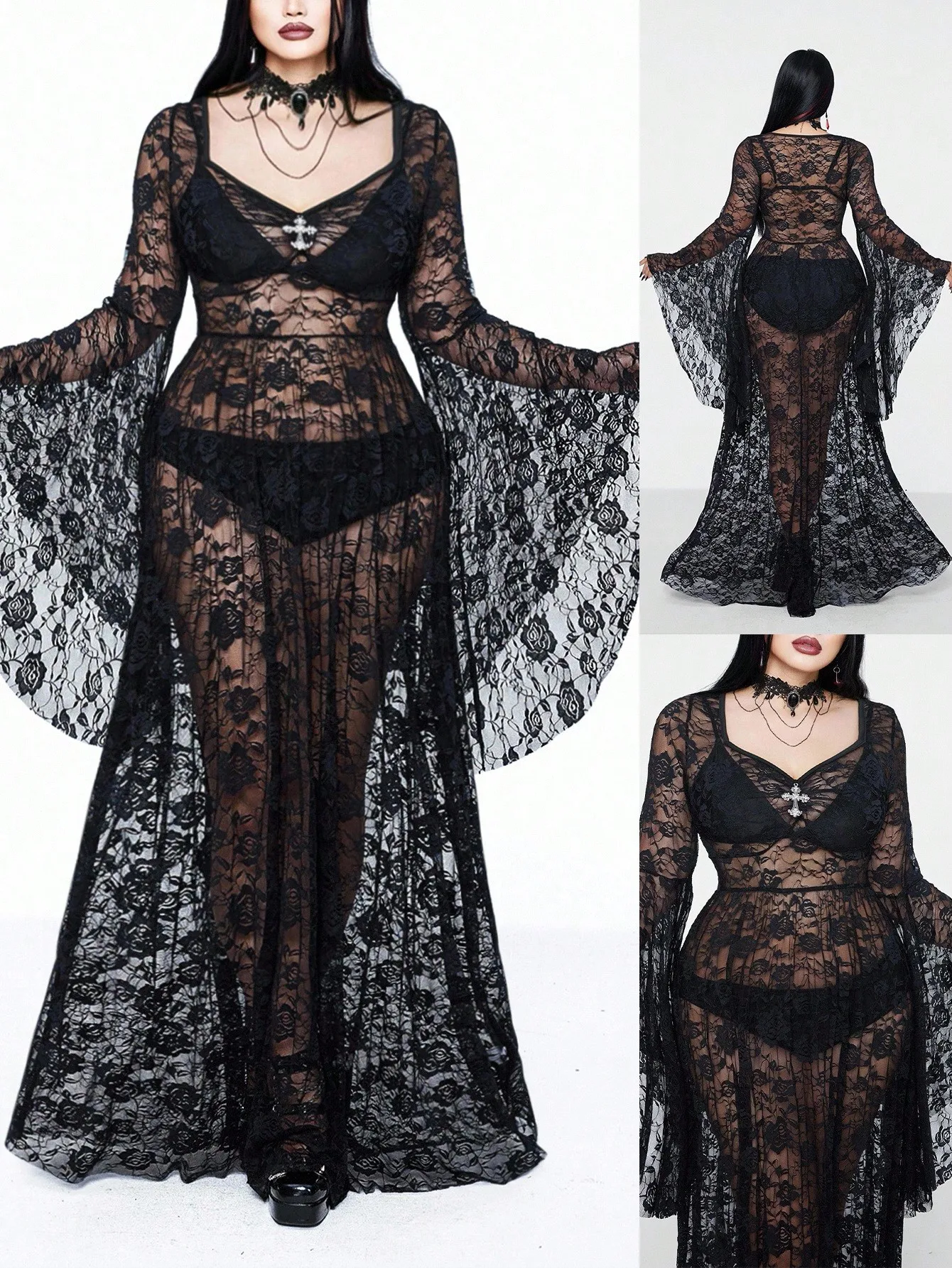 

Черное кружевное платье макси с цветочным узором, рукавами-колокол и декоративной перекрестной отделкой