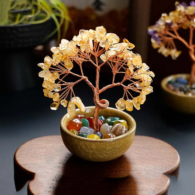 Feng Shui Wealth Tree Crystal Ornament Treasure Pot Tea Bowl Base Yellow Good Luck Wealth Figurine Attract Wealth Home Decoratio