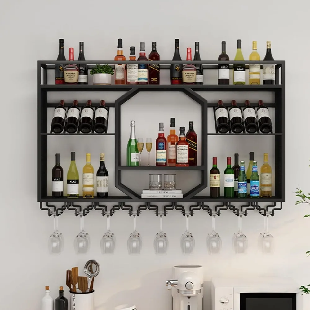 

47IN Wall Mounted Wine Rack with Glass Holder, Metal Wine Storage Rack, Floating Bar Liquor Bottle Display Storage Shelf,
