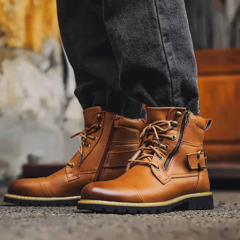Fashion Men Leather Boots Metal Double Zipper Motorcycle Boots Oxford Business Men Ankle Boots Autumn Winter Shoes Large Size 48