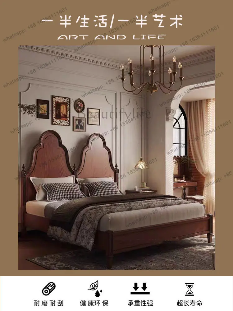 

Solid wood bed bedroom French retro master bedroom big bed high sense medium antique style