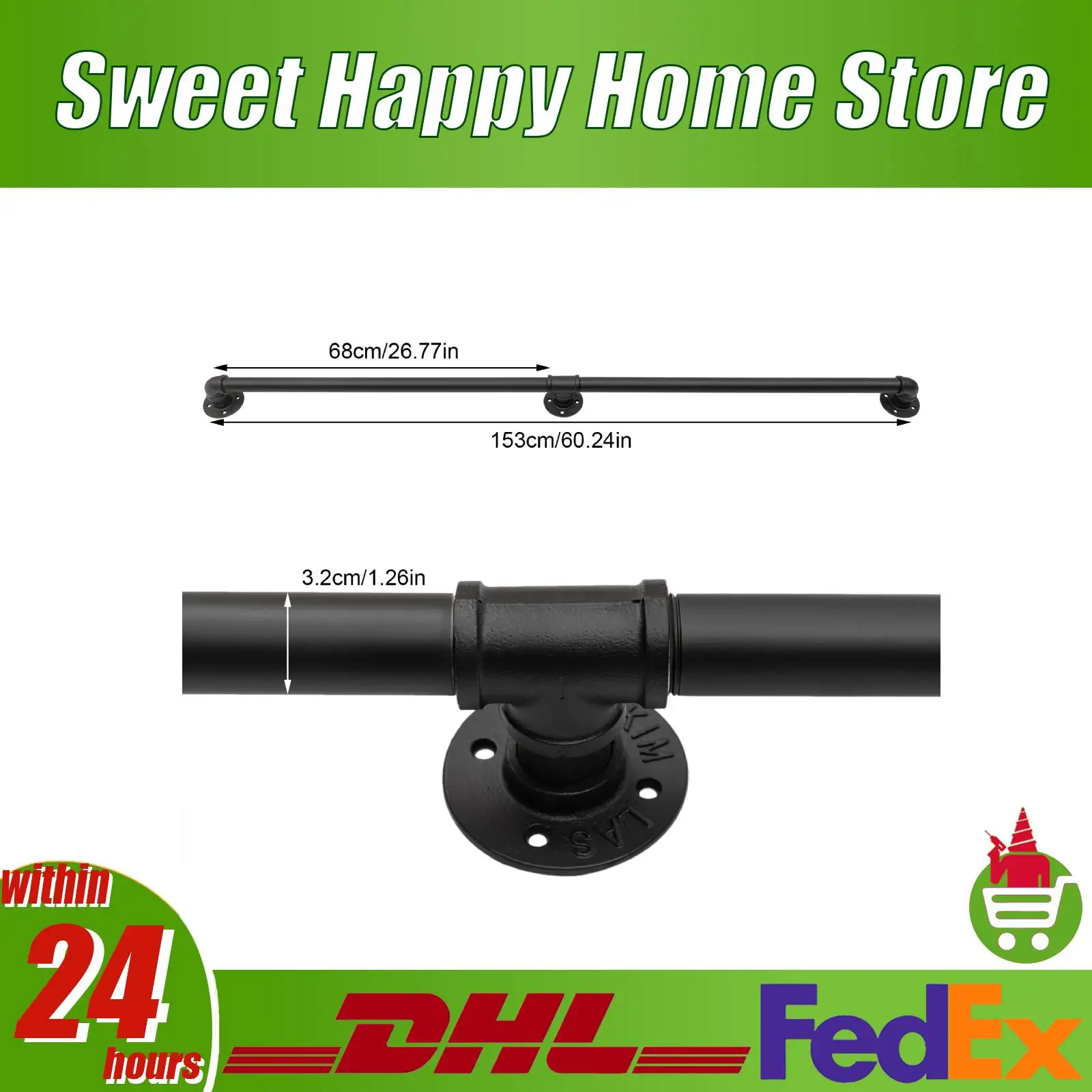 5FT/6.6FT 산업용 파이프 계단 난간 아연 도금 철 벽걸이 난간, 실내/실외 안전 난간