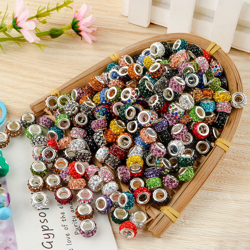 50-100Pcs  Round Rhinestone Crystal Glass Metal Big Hole Beads Loose Spacer Beads For DIY Jewelry Making Bracelet Necklace Etc