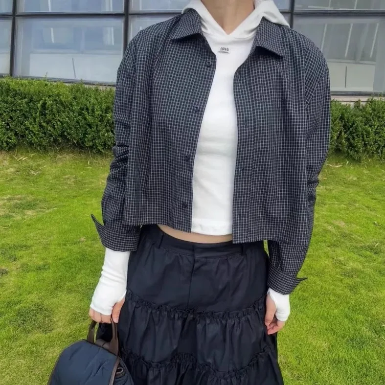 

ort Svel Miu Sle Loose Fit irt with Plaid Pattern Turn-down Collar Long Sve Casual Women's Premium Faion