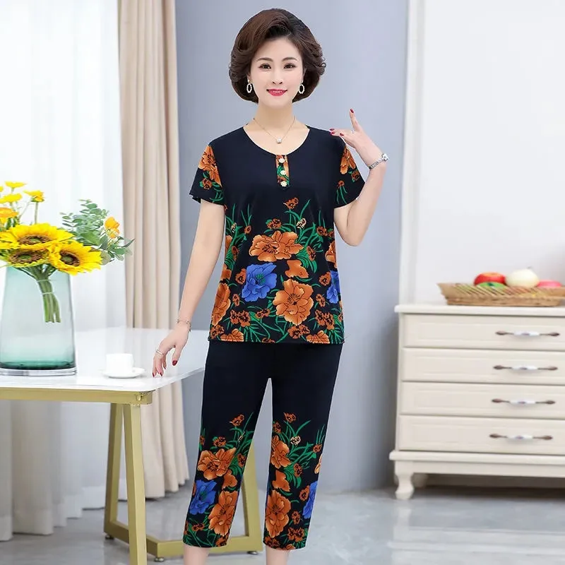 2024Summer New Two-Piece Loose Suit Printed Ice Silk Set Female Top Coat Women Middle-Aged And Elderly Mother\'s Outfit Ladies