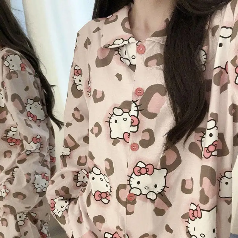 Japanese Cartoon Hello Kittys Pajamas Home Clothes Women Spring Autumn Sweet Cute Girly Wear Outside Long Sleeves Loungewear Set