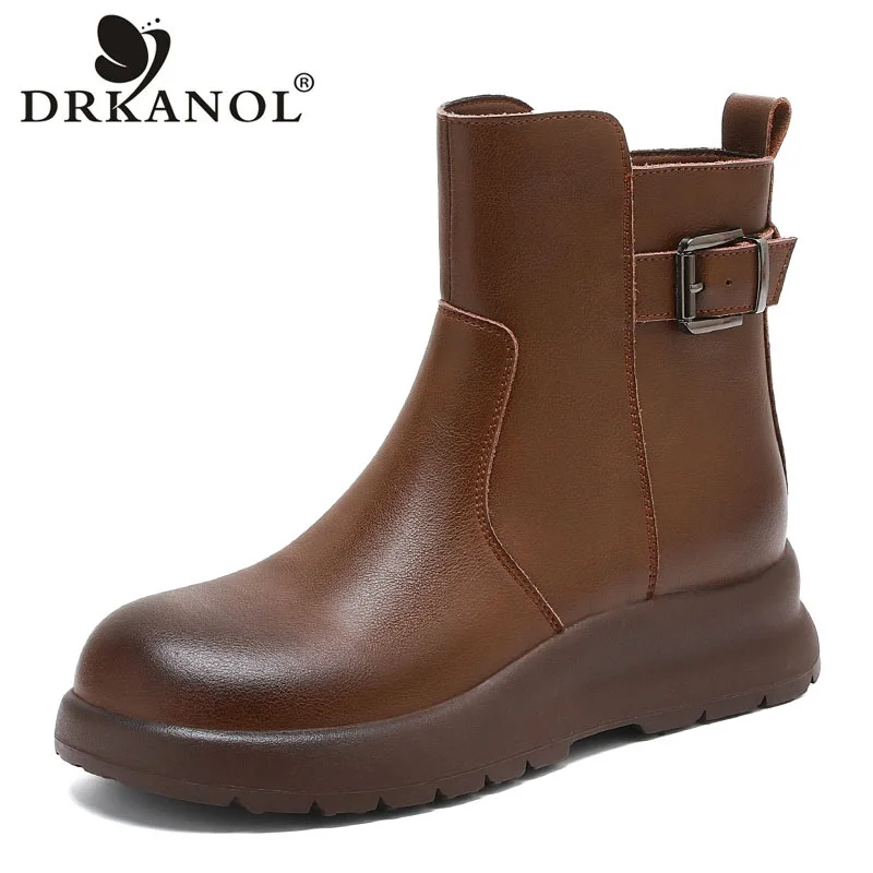 

DRKANOL Women Snow Boots Winter Thick Sole Chunky Platform Wedges Round Toe Real Cowhide Side Zipper Warm Plush Ankle Boots Lady