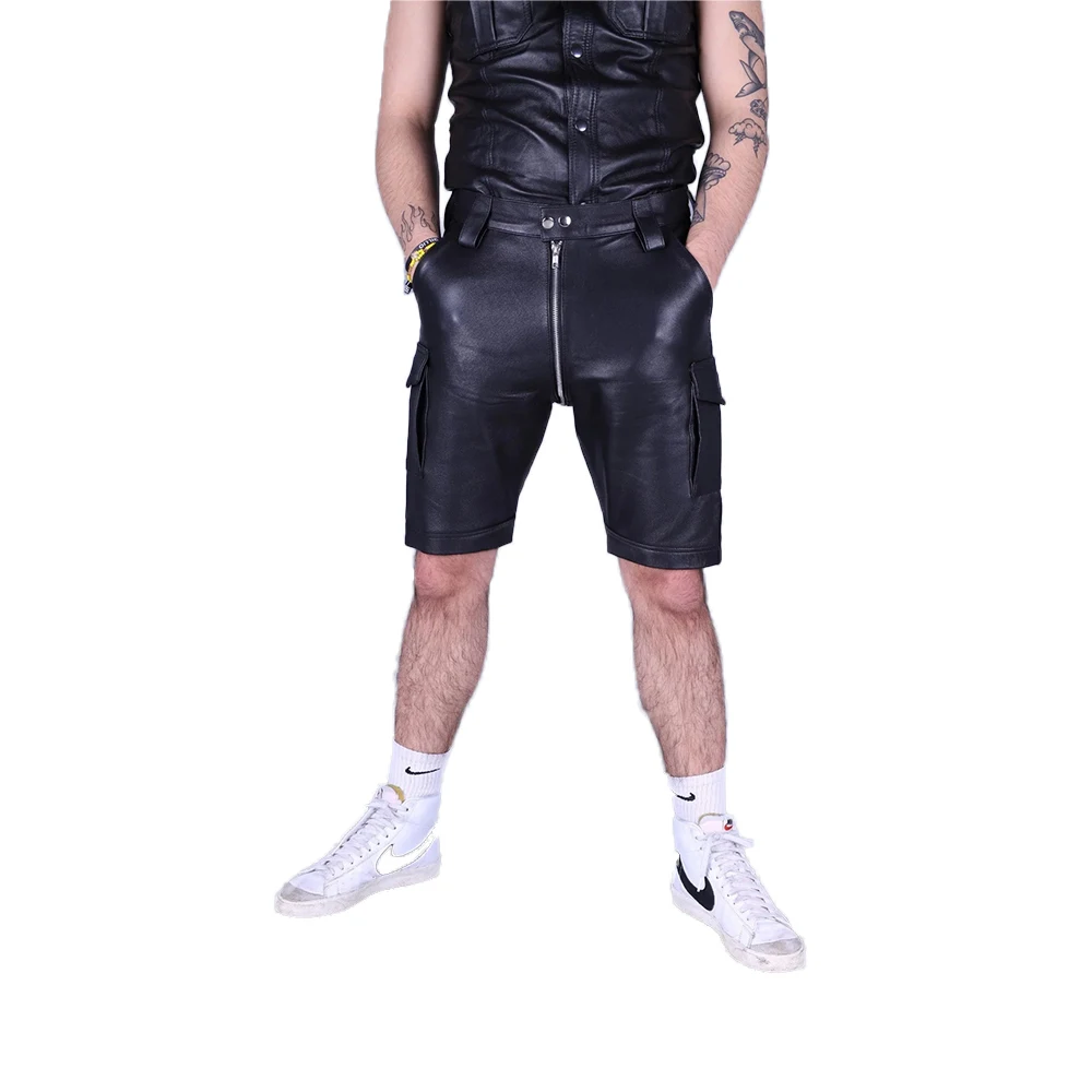 Men\'s Black Matte Faux Latex Leather Double Zipper Head Shorts Male Chic PU Casual Entertainment Short Cargo Pants New Custom