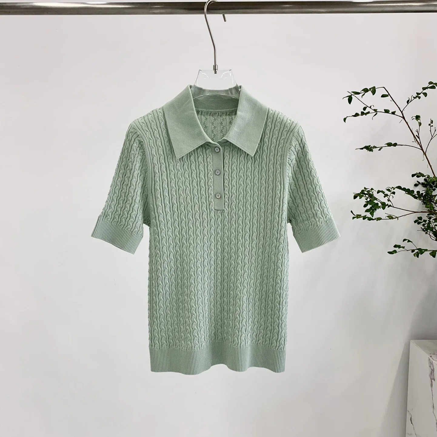 

2025 Summer New Simple Polo Collar Knitted Top Short Sleeve Twisted Retro T-Shirt Lapel Women'S Clothing