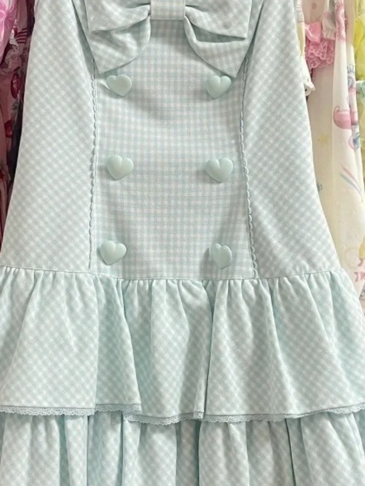 Japońska krata słodkie słodkie sukienki Harajuku Mini Love Button bez rękawów Vestidos Y2k estetyczne kobiety potargane plisowana sukienka wróżki
