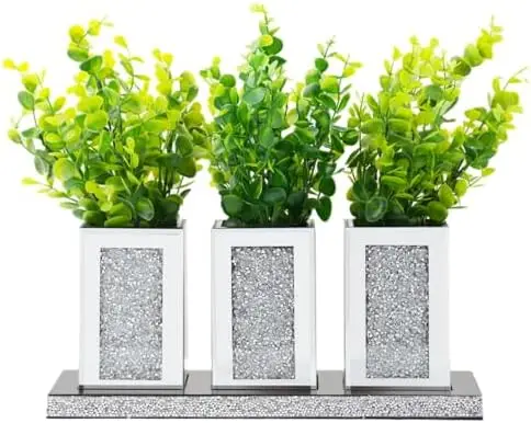 Pibeyer Crystal Diamond Jar Centerpiece Decor – 3 Mirrored Jars with Artificial Plants for Home, Kitchen, Living Room