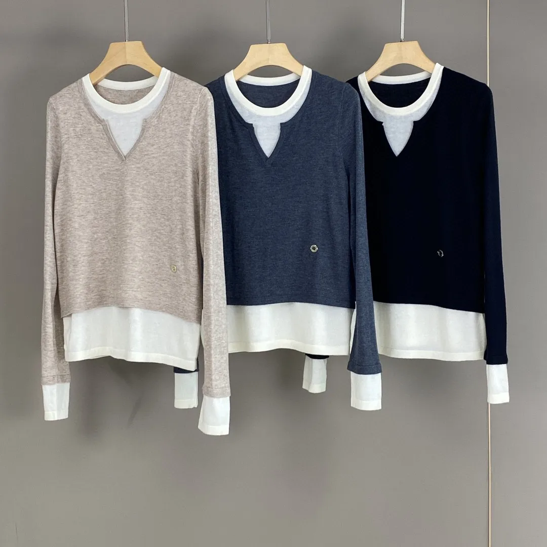 

Autumn Fake Two Pieces Sweater Wool Cashmere Long Sleeve Round Neck Casual Ladies Knitted Pullover