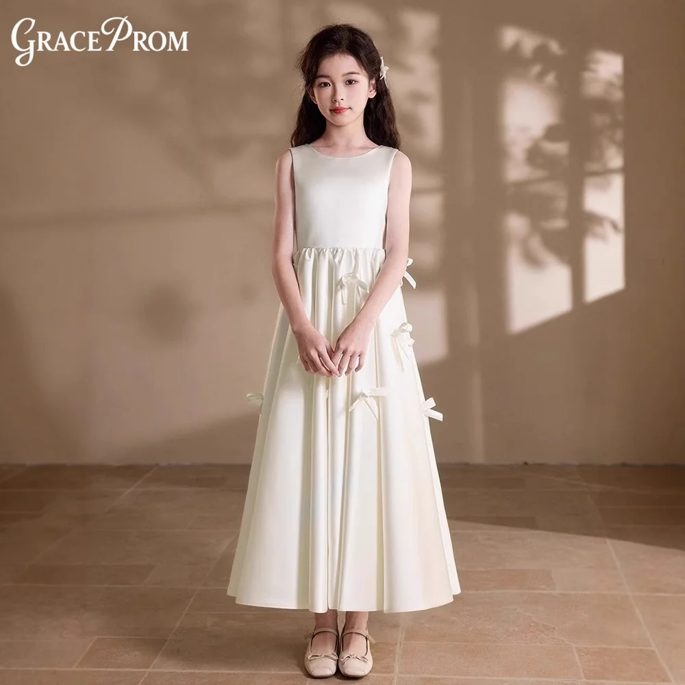 

Elegant Ivory Satin Flower Girl Dress Sleeveless Round Neck Side Bow Details Kids Wedding Pageant Princess Formal Party Gown