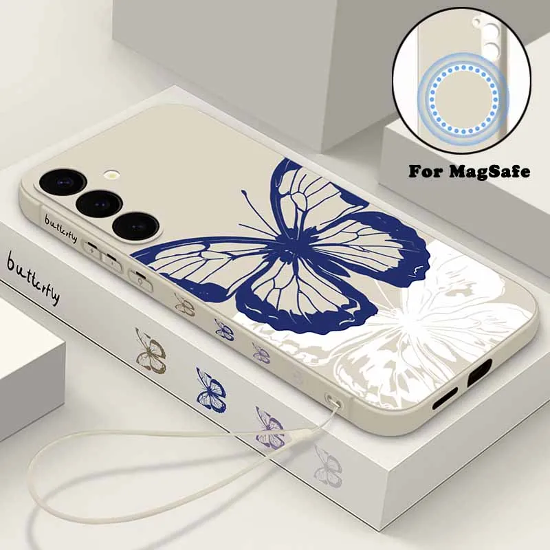 حافظة مغناطيسية على شكل فراشة زرقاء لهاتف سامسونج جالاكسي S24 FE S25 S24 S23 S22 Ultra Plus لغطاء الهاتف الناعم للشحن اللاسلكي Magsafe