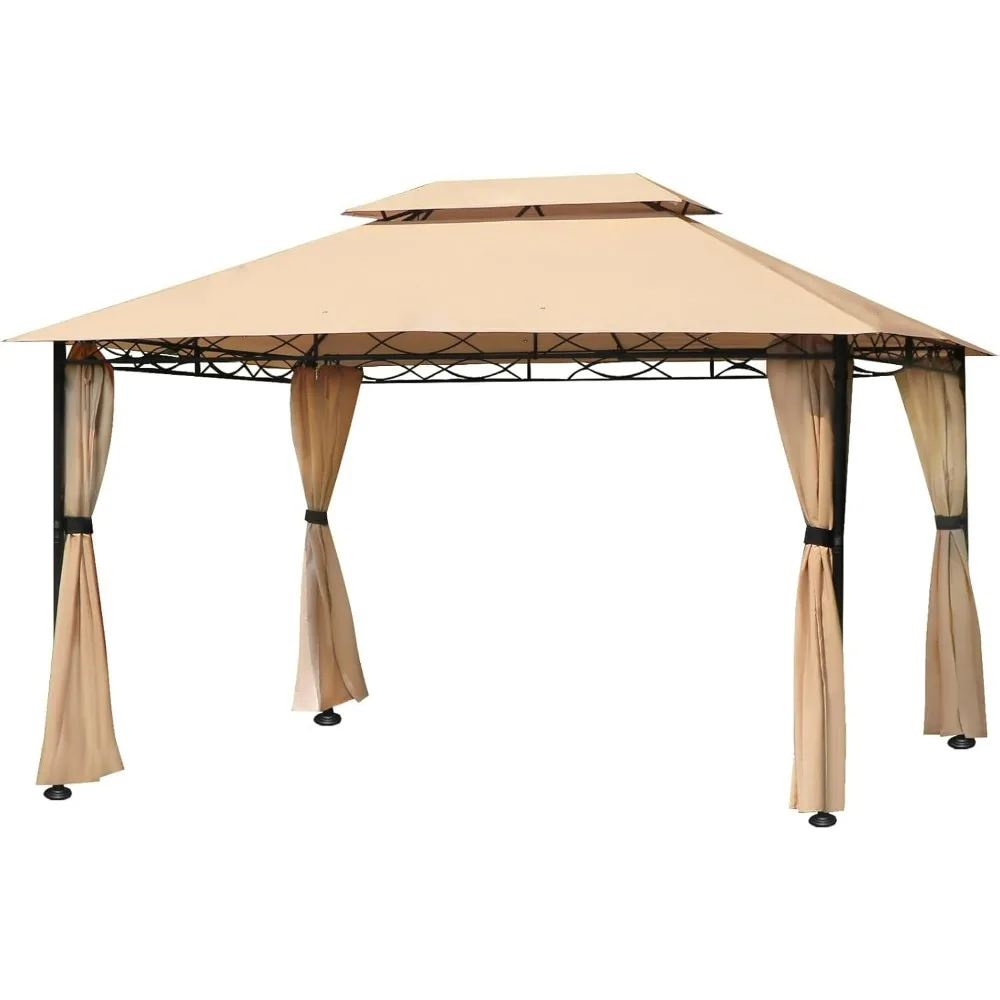 

10'x13' Gazebo for Patios, Double Vent Outdoor Canopy with Curtains & Sand Bag, Outside Patio Tent with Wavy Lines Decorative f