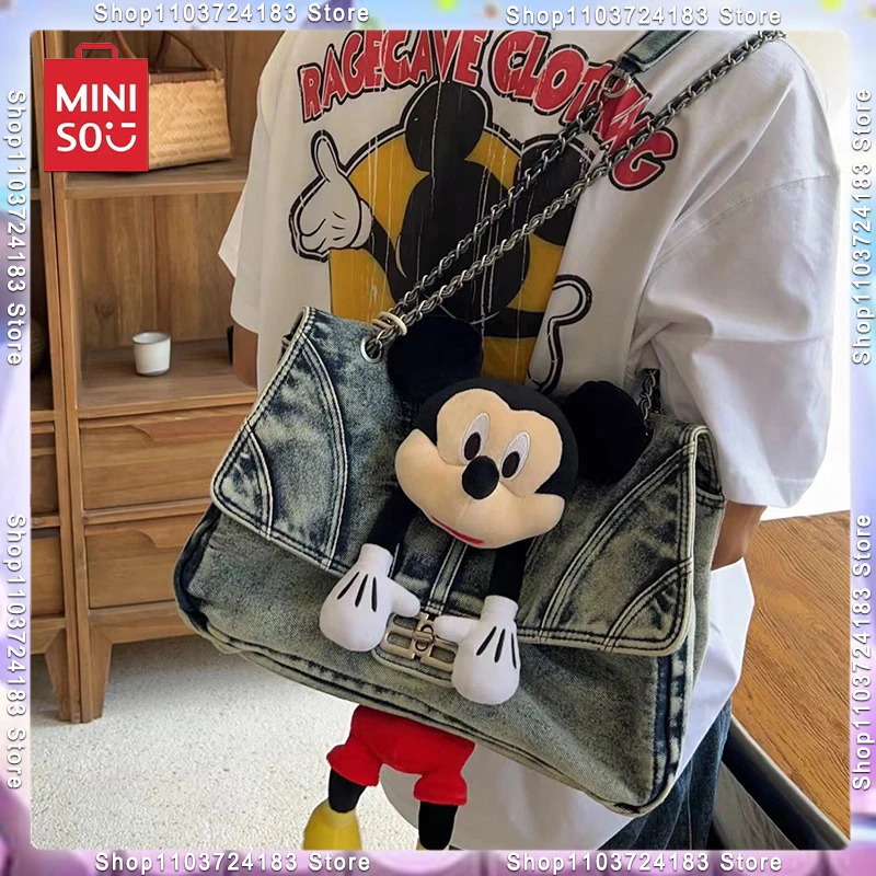 MINISO Cartoon Mickey Mouse Shoulder Bag Cute Cartoon Casual Retro Cowboy 3d Doll Versatile Chain Handbag Toys For Girls Gifts