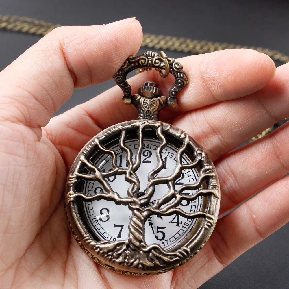 Bronze Life Tree Design Antique Quartz Pocket Watch with Pendant Necklace fob Clock Watch Gifts for Men Women