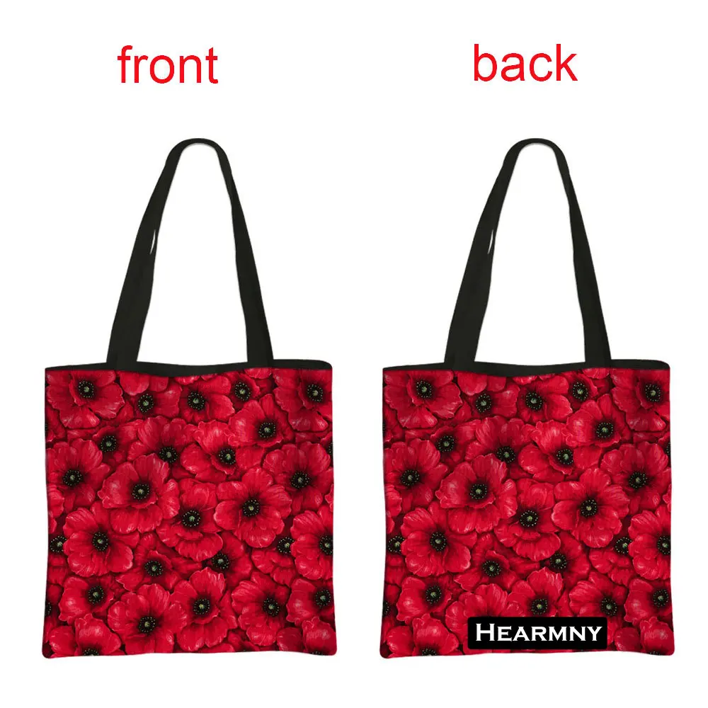 Beautiful Red Poppy Flower Print Shoulder Bag Women Casual Totes Linen Handbag Larger Capacity Beach Shopping Bags Gift