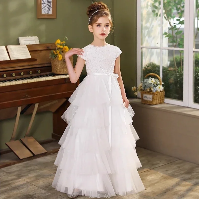 Wed Dress 2025 New White Girls Cake Dresses Children Sweet Birthday Party Princess Gown Kids Costume Pageant Piano Performance