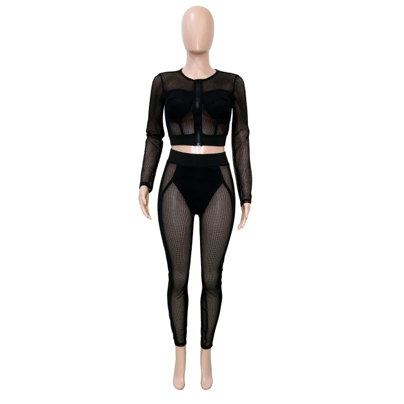 Women Mesh See Through 2 Piece Set Long Sleeve Zip Corset Crop Top High Waist Skinny Leggings Club Party Outfit Tracksuit
