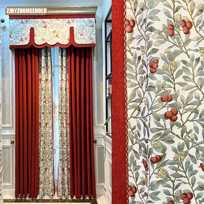 

American Vintage Poplar Tree Thickened Cottage Curtain Tulle Red Chenille Curtains for Living Dining Room Bedroom Valance