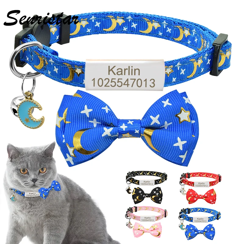 

Personalized Cute Bowknot Cat Collar Bell Name Custom Engraved Nameplate Safety Breakaway Star Moon Bowtie Cat Collar Necklace