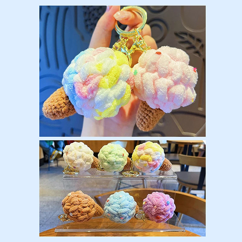 Cute Ice Cream Cone Crochet Keychain Multiolor Ice Cream Keyrings Knitting Dessert Car Keys Keychain For Bag Pendant Wholesale