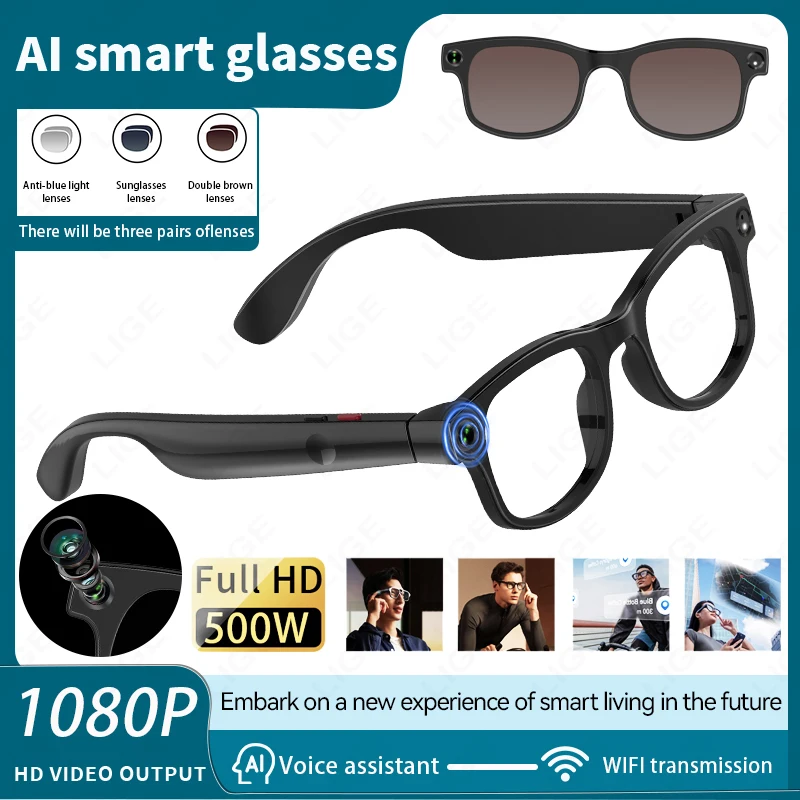 

LIGE New 500W HD Camera AI Smart Glasses 1080P Video ChatGPT Voice Assistant AI Translation Call Stereo Sports Smart Sunglasses